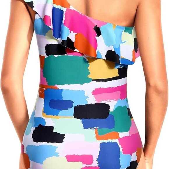 Colorful One Shoulder Ruffle One Piece Swimsuit | Size XL | NWT - Picture 3 of 5